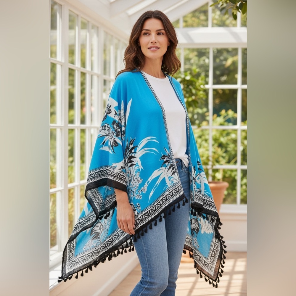 VINCE CAMUTO One Size Blue Floral Shawl Wrap with Sleeves and Tassels. NWOT